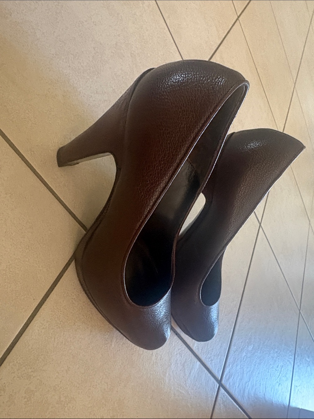 Elie Tahari Dark Brown Pebbled Leather High Heel Pumps